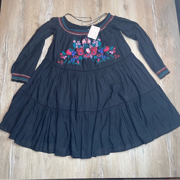 Free People Women’s Small Sunbeam Off The Shoulder Dress Embroidered Black Boho - Picture 3 of 15